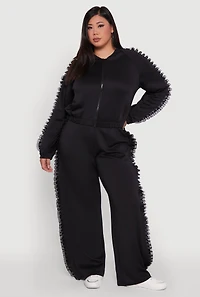 Womens Plus Organza Ruffle Trim Wide Leg Pants, Black,
