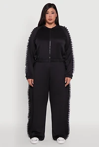 Womens Plus Organza Ruffle Trim Wide Leg Pants, Black,
