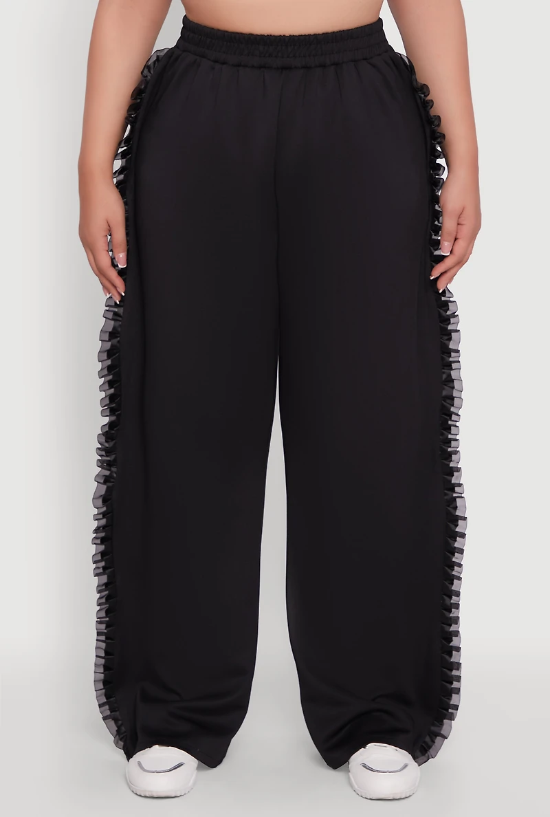 Womens Plus Organza Ruffle Trim Wide Leg Pants, Black,