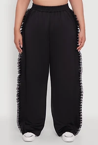 Womens Plus Organza Ruffle Trim Wide Leg Pants, Black,