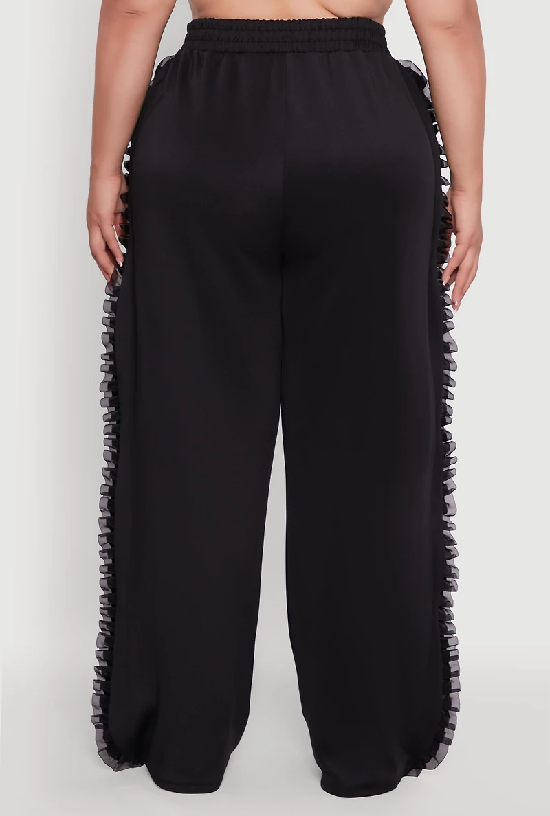 Womens Plus Organza Ruffle Trim Wide Leg Pants, Black,