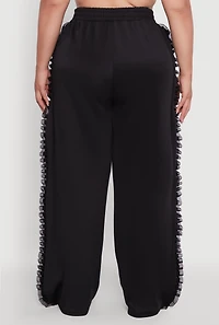 Womens Plus Organza Ruffle Trim Wide Leg Pants, Black,