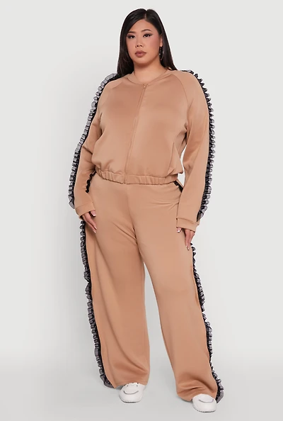 Womens Plus Size Organza Ruffle Trim Wide Leg Pants, Khaki, Size 1X