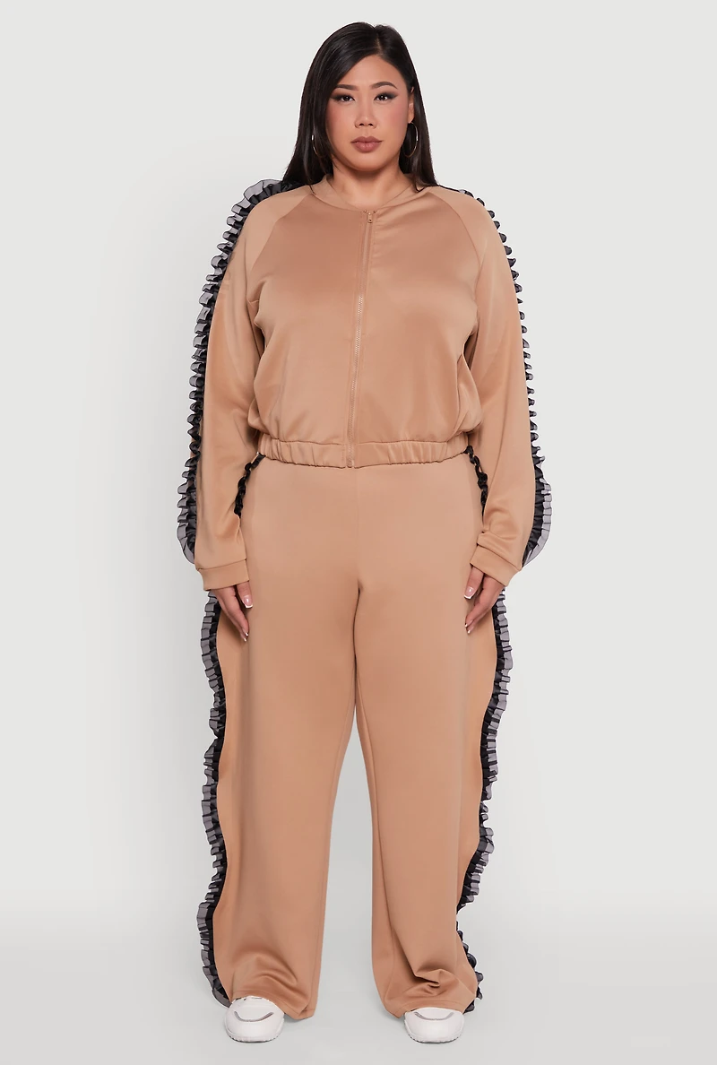Womens Plus Size Organza Ruffle Trim Wide Leg Pants, Khaki, Size 1X
