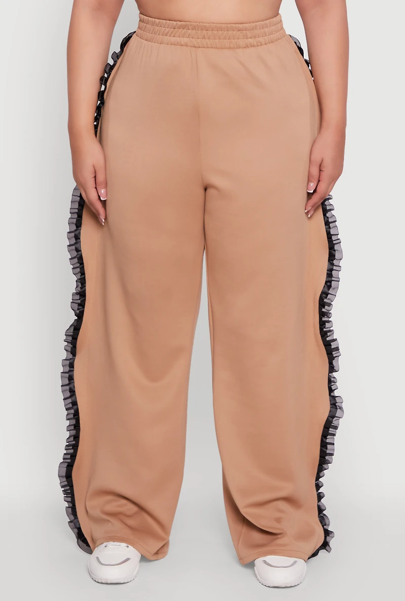 Womens Plus Size Organza Ruffle Trim Wide Leg Pants, Khaki, Size 3X