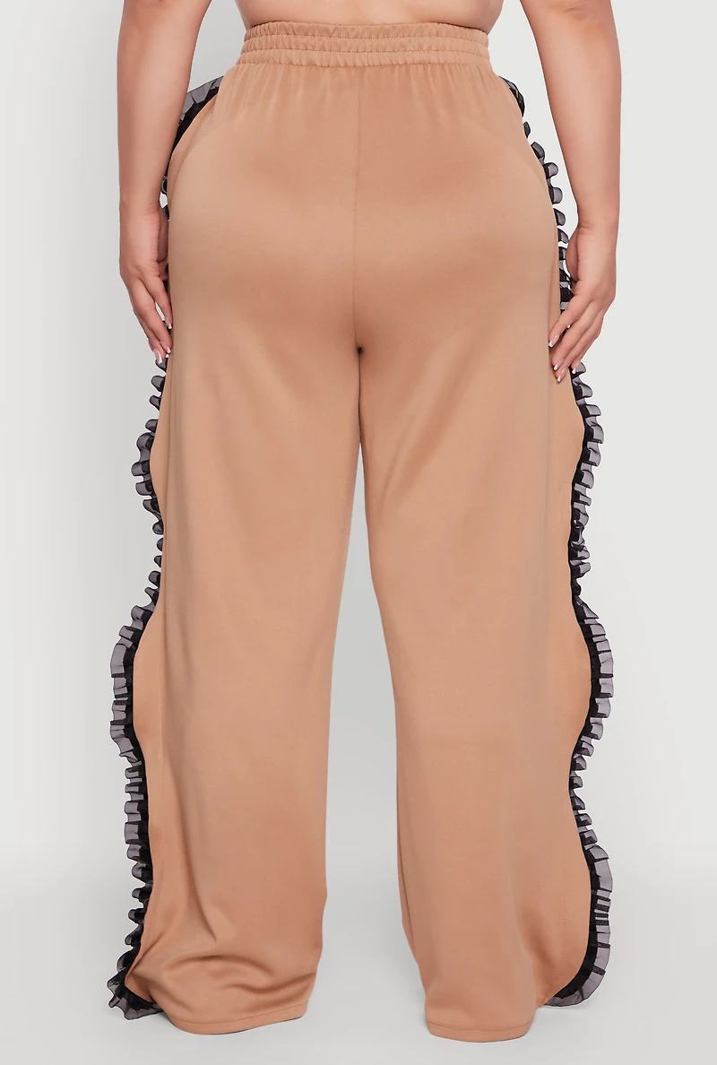Womens Plus Size Organza Ruffle Trim Wide Leg Pants, Khaki, Size 1X
