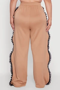 Womens Plus Size Organza Ruffle Trim Wide Leg Pants, Khaki, Size 1X