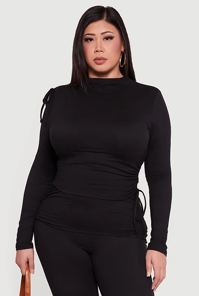 Womens Plus Soft Knit Ruched Asymmetrical Mock Neck Top,