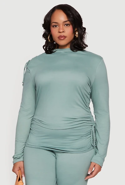 Plus Soft Knit Ruched Asymmetrical Mock Neck Top