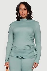 Plus Soft Knit Ruched Asymmetrical Mock Neck Top