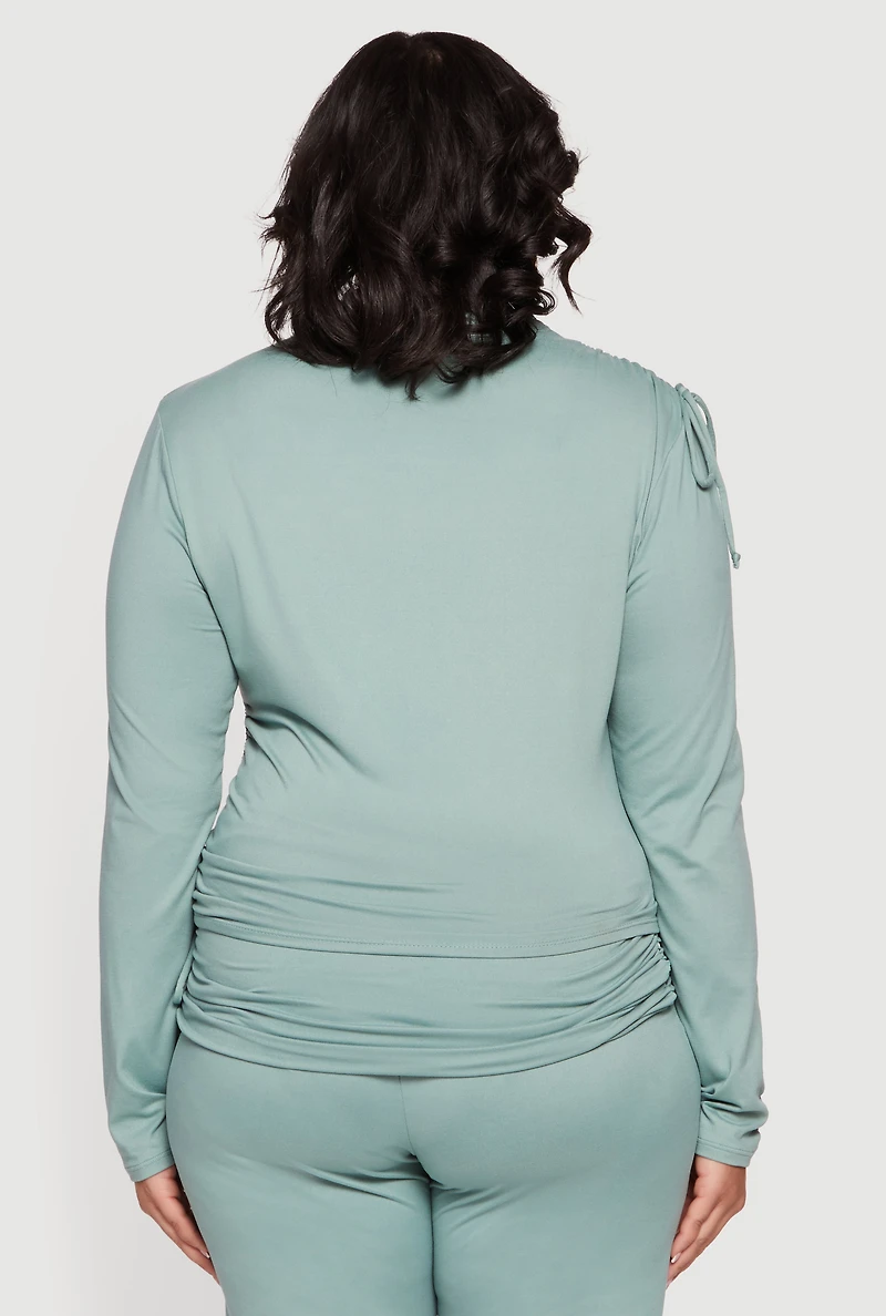 Plus Soft Knit Ruched Asymmetrical Mock Neck Top
