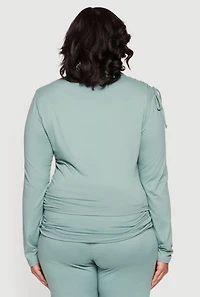 Plus Soft Knit Ruched Asymmetrical Mock Neck Top