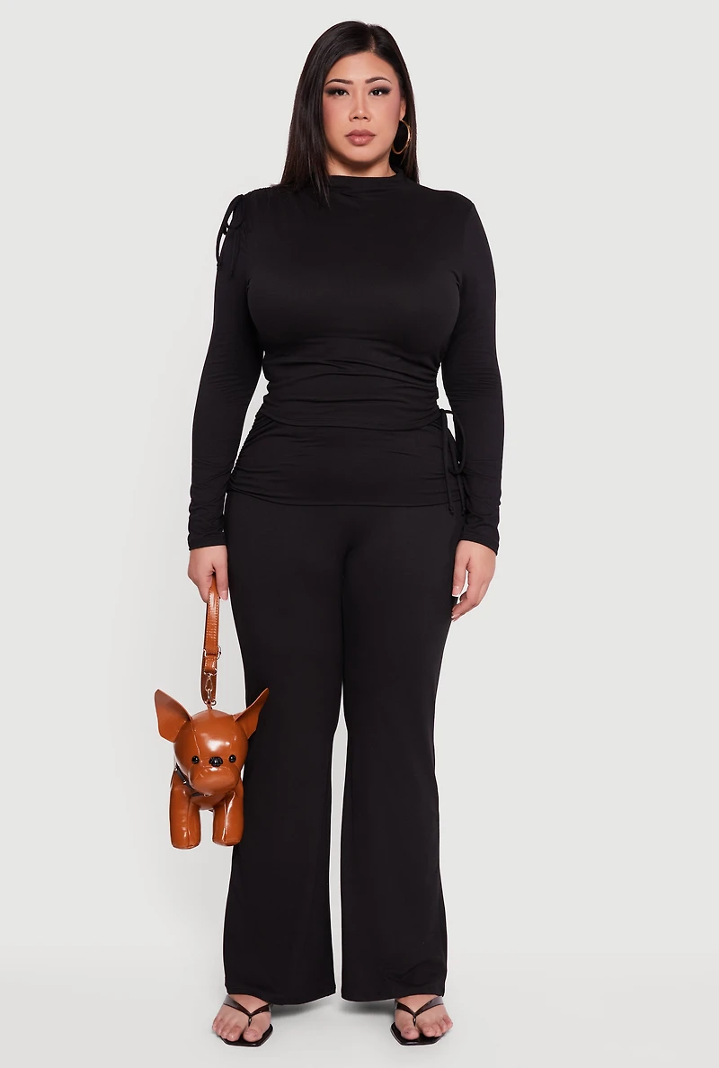 Womens Plus Ruched Fold Over Flare Leg Pants,