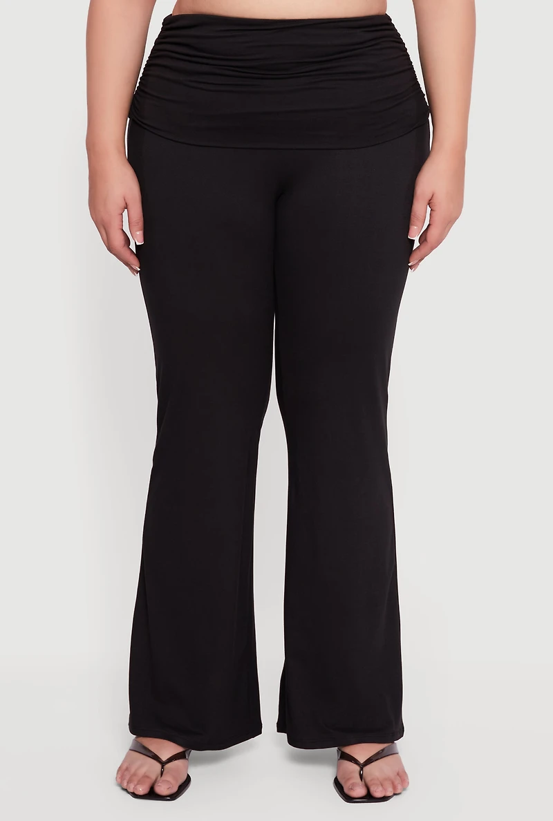 Womens Plus Ruched Fold Over Flare Leg Pants,