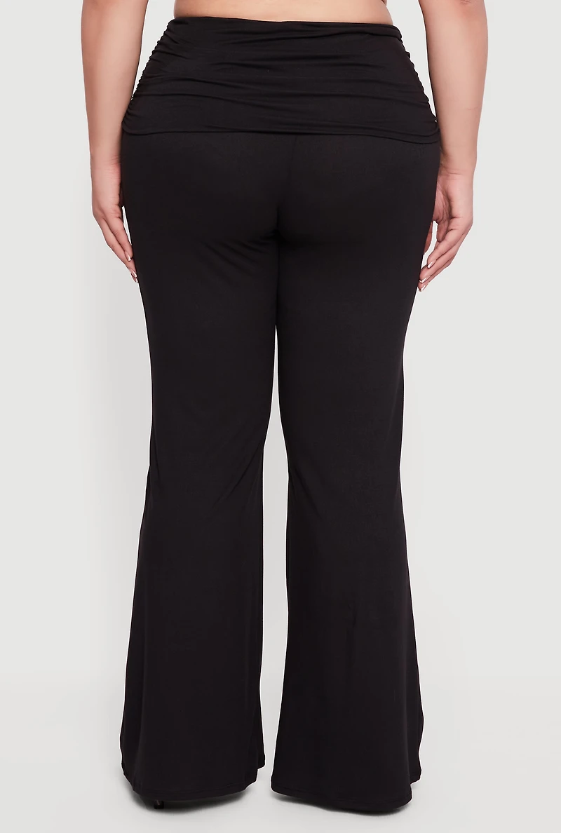 Womens Plus Ruched Fold Over Flare Leg Pants,