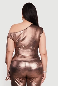 Womens Plus Side Tie One Shoulder Asymmetrical Top, 1X