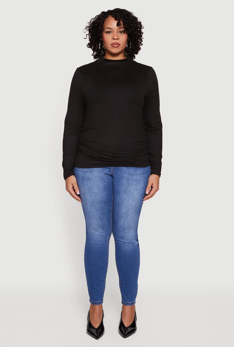 Plus Soft Knit Ruched Side Long Sleeve Mock Neck Top