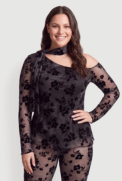 Plus Velvet Burnout Floral One Shoulder Scarf Top