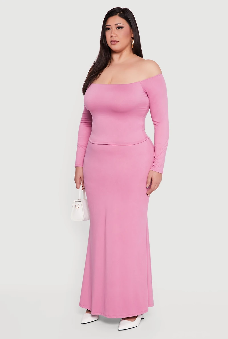 Plus Soft Knit Long Sleeve Off the Shoulder Top