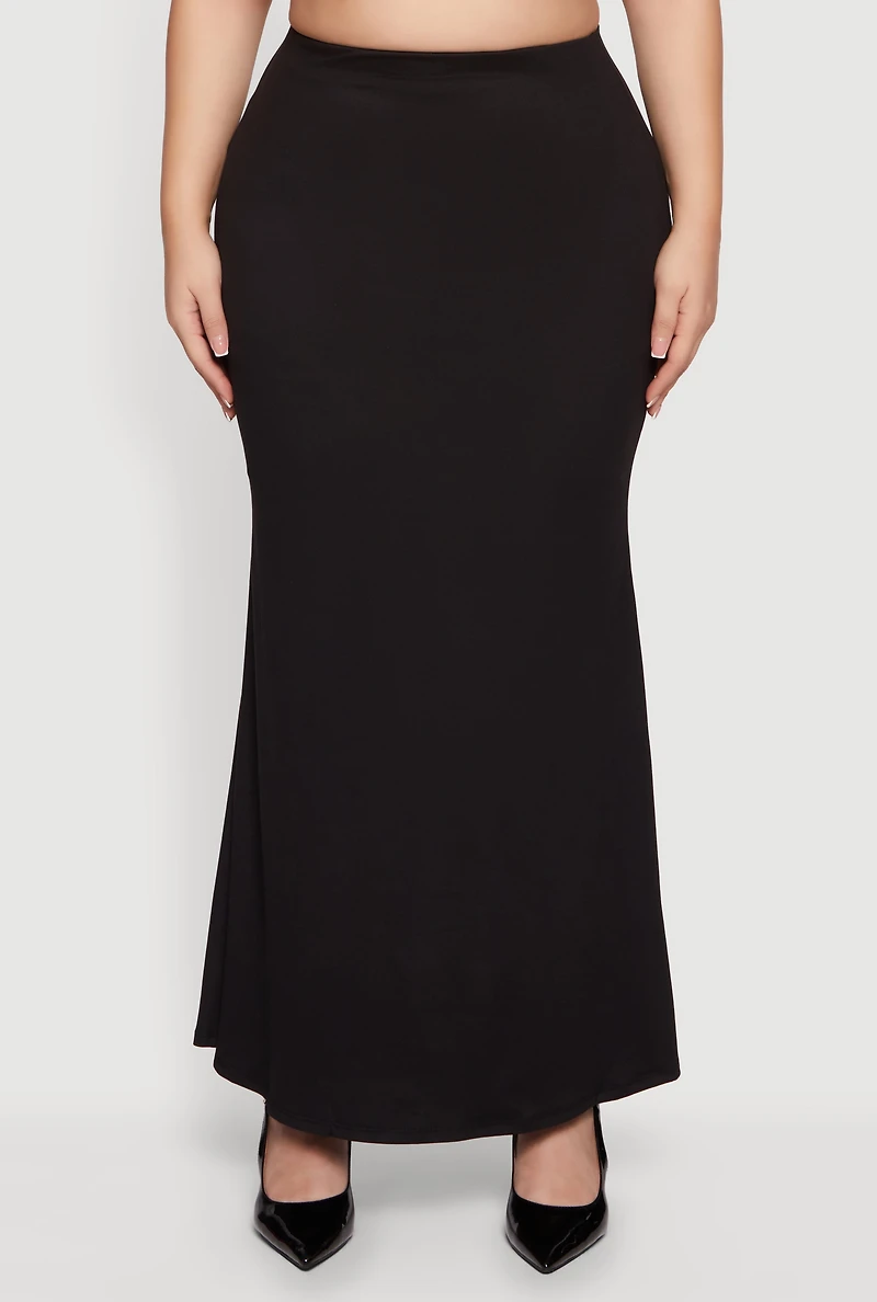 Womens Plus Size Soft Knit High Waisted Maxi Mermaid Skirt, Black, Size 2X