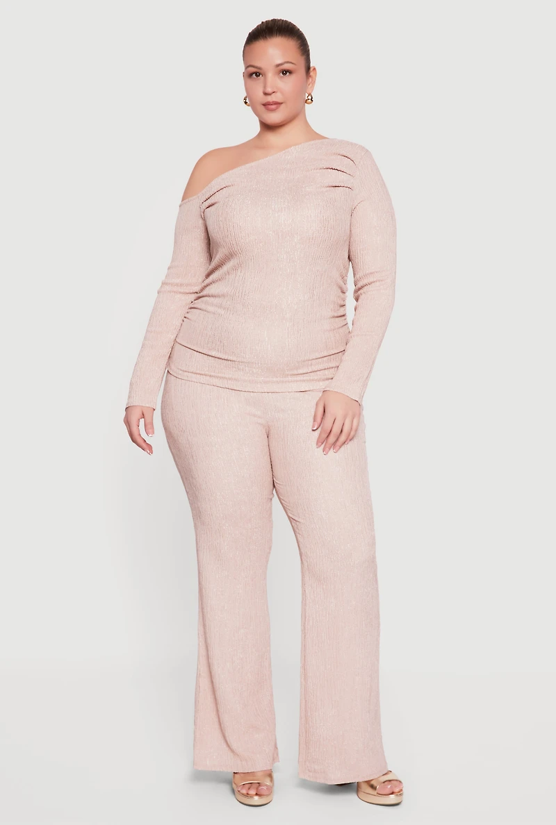 Womens Plus Size High Waisted Boot Cut Textured Knit Pants, Beige, Size 1X