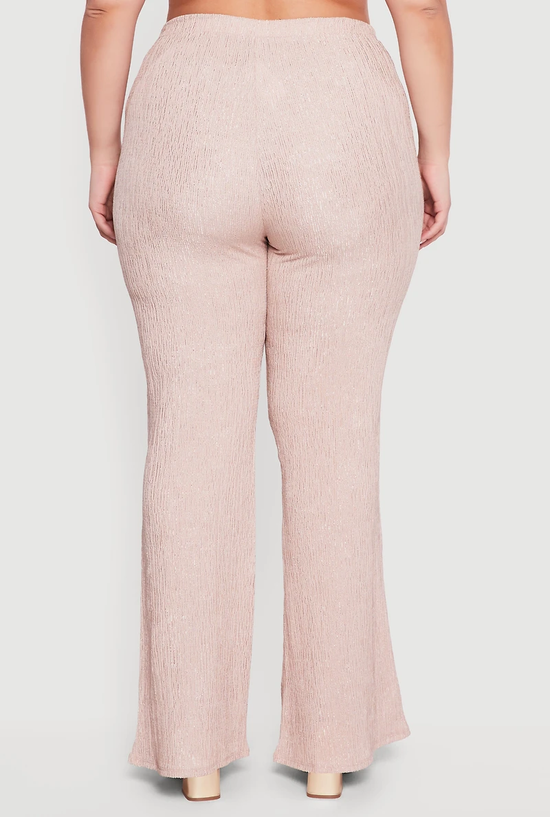 Womens Plus Size High Waisted Boot Cut Textured Knit Pants, Beige, Size 1X