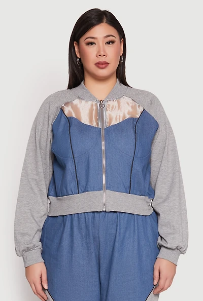 Womens Plus Size Denim Color Block Bomber Jacket, Multi, Size 1X