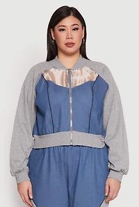 Plus Denim Color Block Bomber Jacket