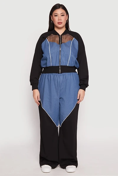 Plus Denim Color Block Wide Leg Pants