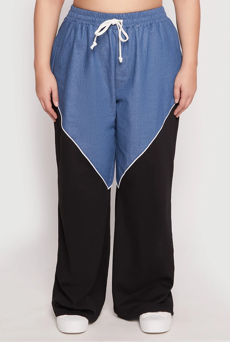 Plus Denim Color Block Wide Leg Pants