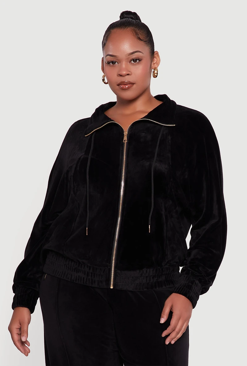 Womens Plus Velour Long Sleeve Collared Zip Front Top,