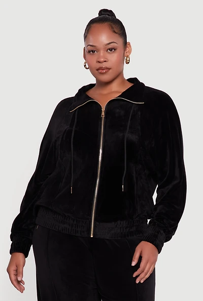 Womens Plus Velour Long Sleeve Collared Zip Front Top,