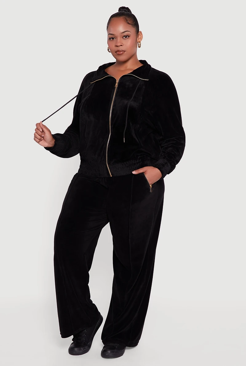 Womens Plus Velour Long Sleeve Collared Zip Front Top,