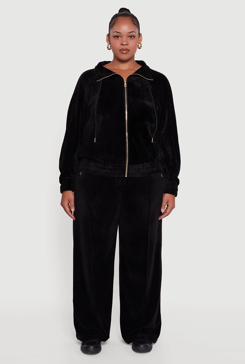 Womens Plus Velour Long Sleeve Collared Zip Front Top,