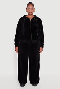 Womens Plus Velour Long Sleeve Collared Zip Front Top,