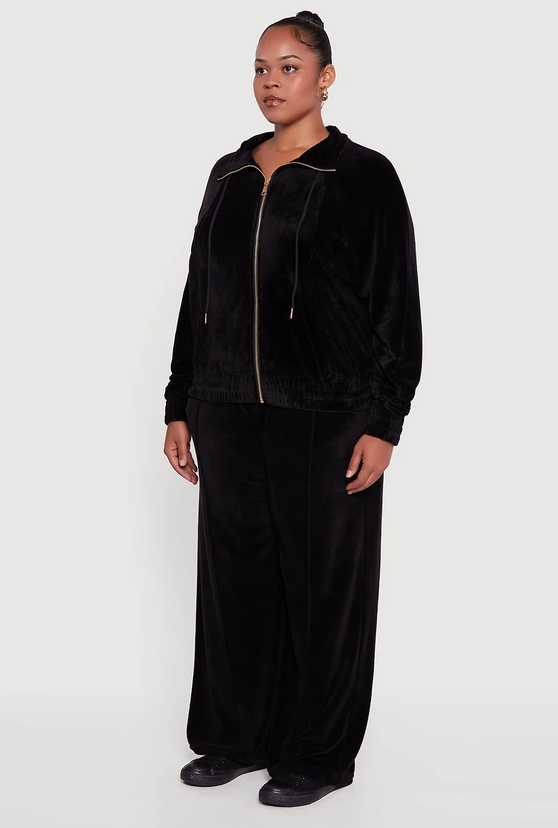 Womens Plus Velour Long Sleeve Collared Zip Front Top,