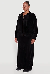 Womens Plus Size Velour Long Sleeve Collared Zip Front Top, Black, Size 1X