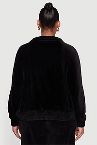 Womens Plus Velour Long Sleeve Collared Zip Front Top,