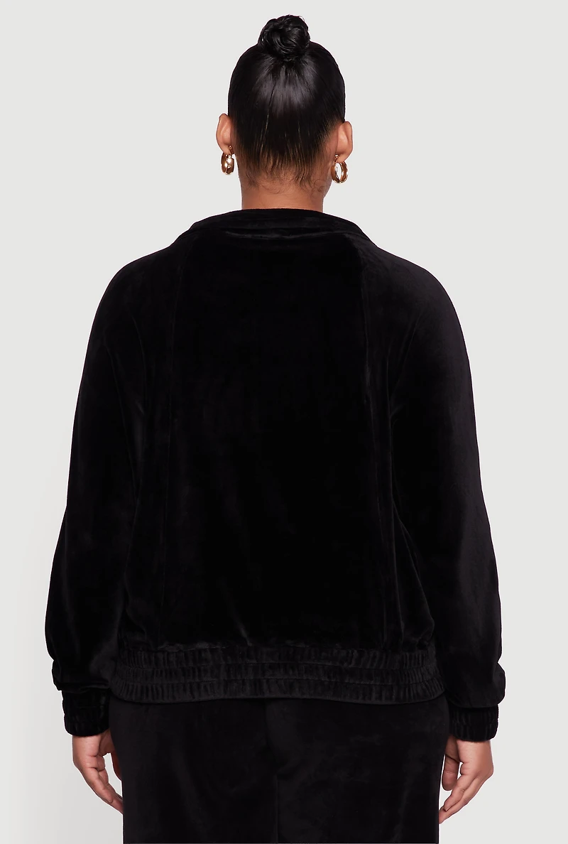 Womens Plus Size Velour Long Sleeve Collared Zip Front Top, Black, Size 1X