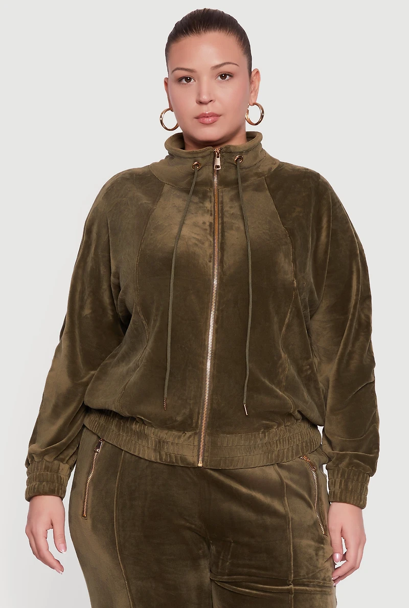 Womens Plus Size Velour Long Sleeve Collared Zip Front Top, Green, Size 2X