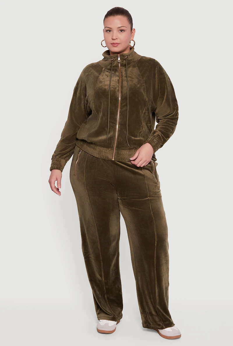 Womens Plus Size Velour Long Sleeve Collared Zip Front Top, Green, Size 2X