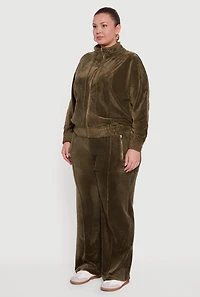 Womens Plus Size Velour Long Sleeve Collared Zip Front Top, Green, Size 2X