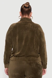 Womens Plus Size Velour Long Sleeve Collared Zip Front Top, Green, Size 2X