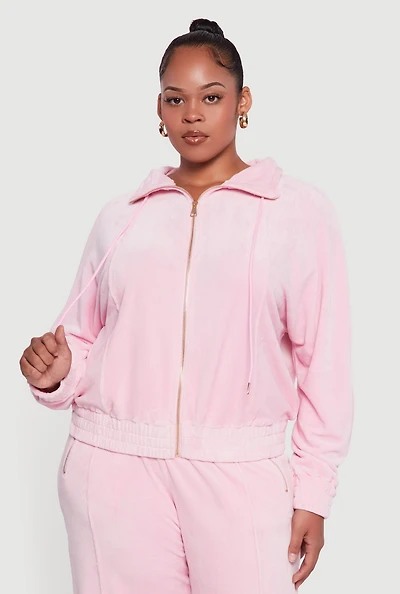 Womens Plus Size Velour Long Sleeve Collared Zip Front Top, Pink, Size 1X