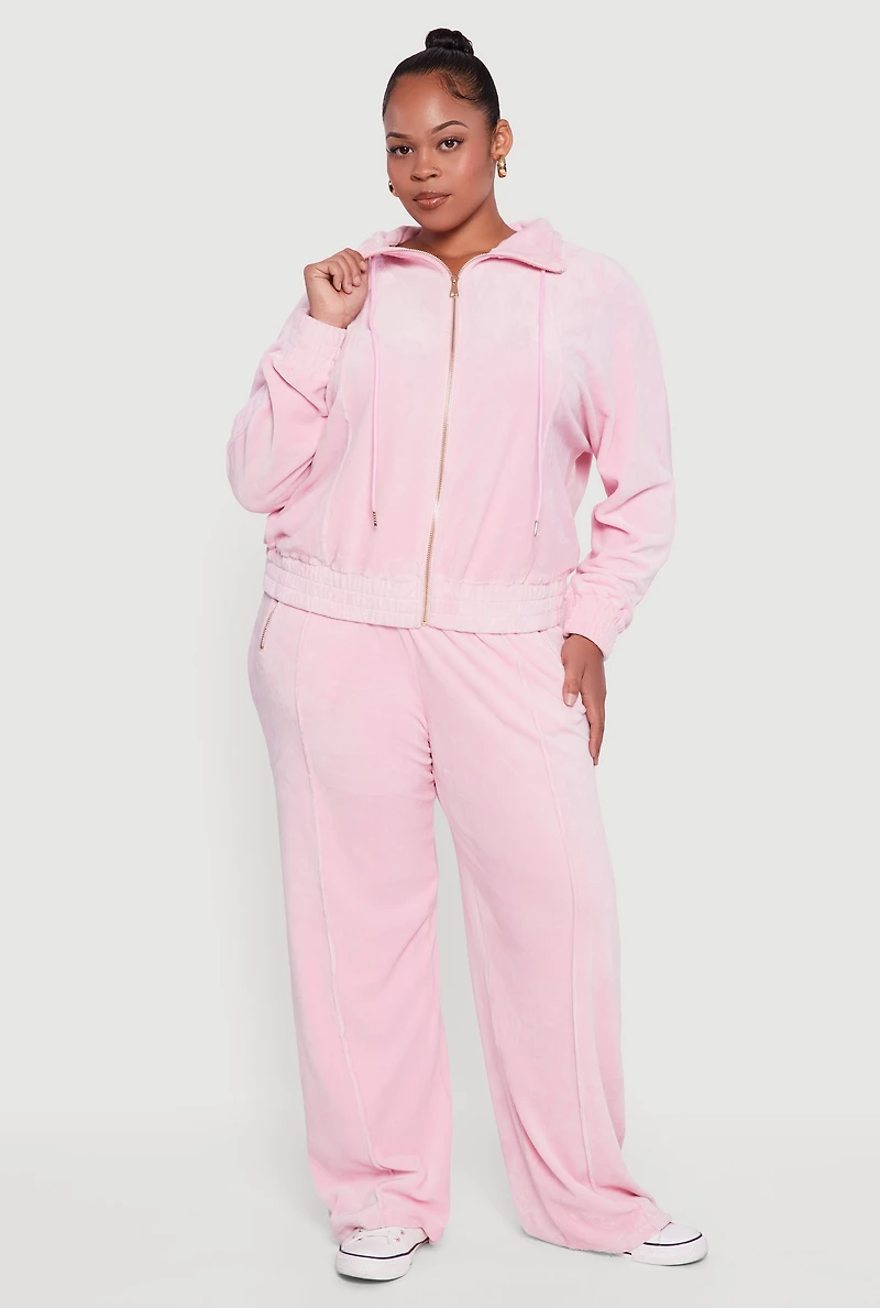Womens Plus Size Velour Long Sleeve Collared Zip Front Top, Pink, Size 1X