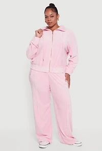 Womens Plus Size Velour Long Sleeve Collared Zip Front Top, Pink, Size 1X
