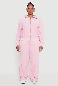 Womens Plus Size Velour Long Sleeve Collared Zip Front Top, Pink, Size 1X