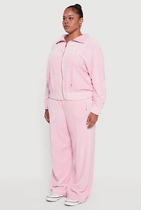 Womens Plus Size Velour Long Sleeve Collared Zip Front Top, Pink, Size 1X