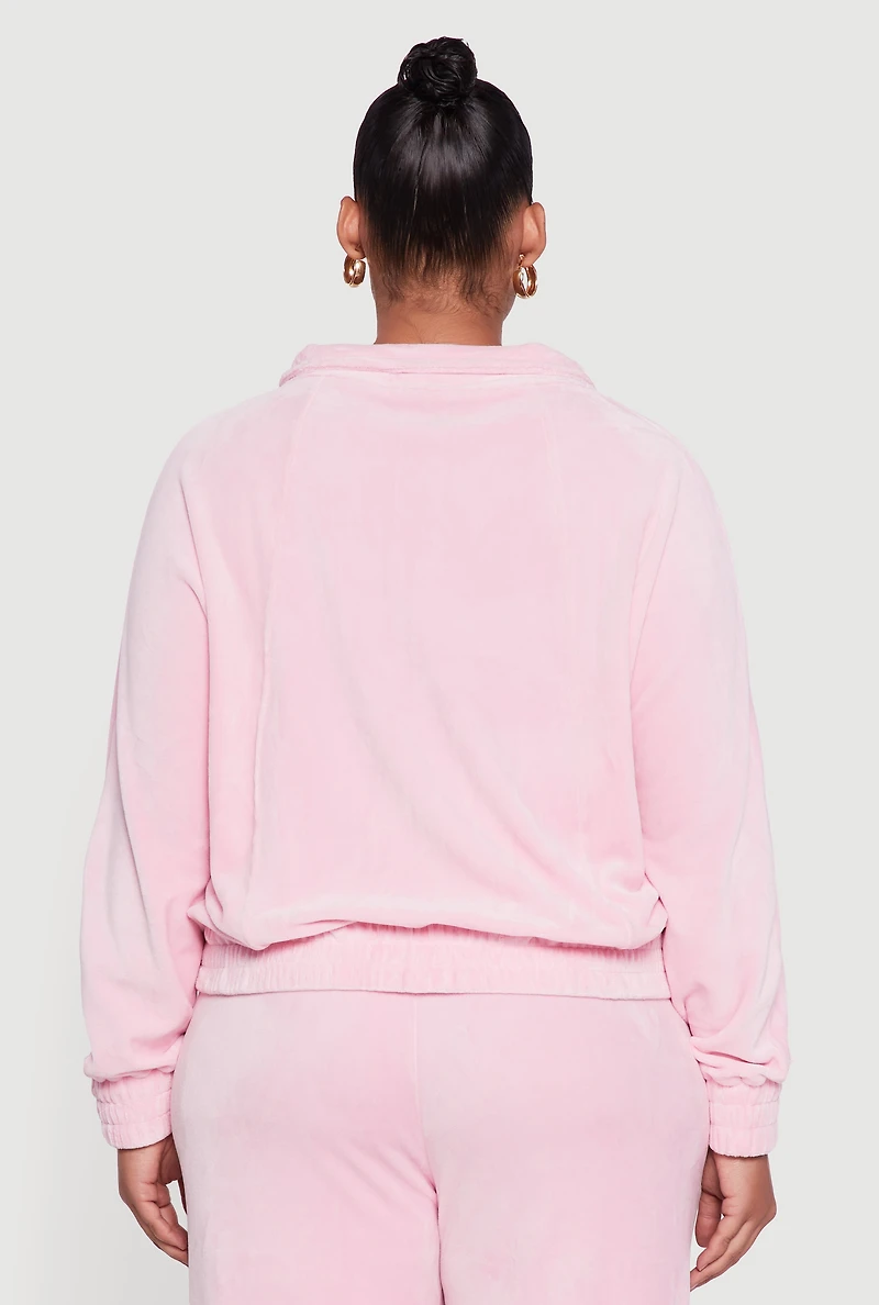 Womens Plus Size Velour Long Sleeve Collared Zip Front Top, Pink, Size 1X