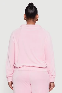 Womens Plus Size Velour Long Sleeve Collared Zip Front Top, Pink, Size 1X